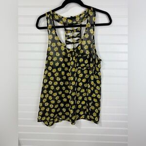 Iris women’s sheer black & yellow floral tank, decorative strap back. Size Large
